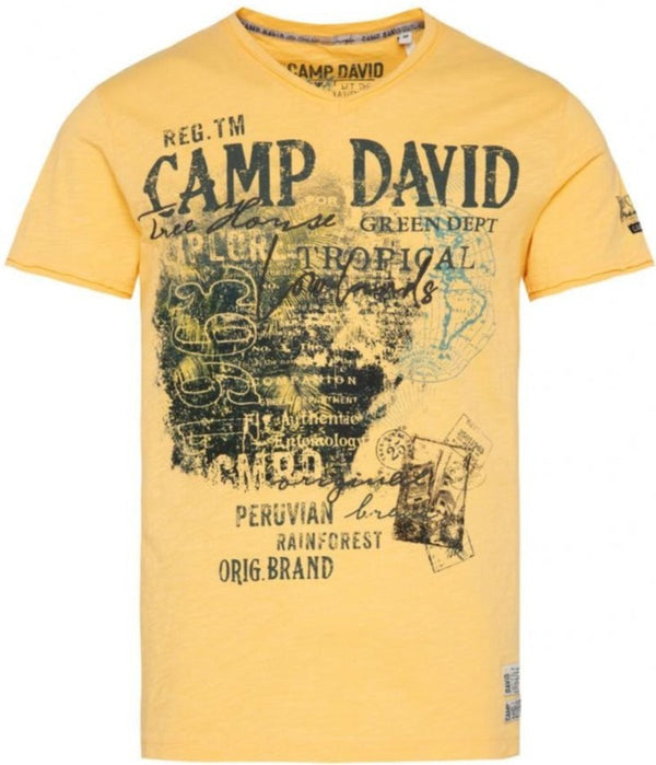 Camp David V-Neck T-Shirt with Prints and Embroidery in Mountain Yello -  Stateshop Fashion