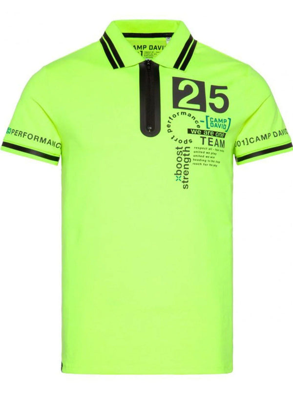 Camp David Polo shirt with zip and logo prints, neon yellow - Stateshop  Fashion