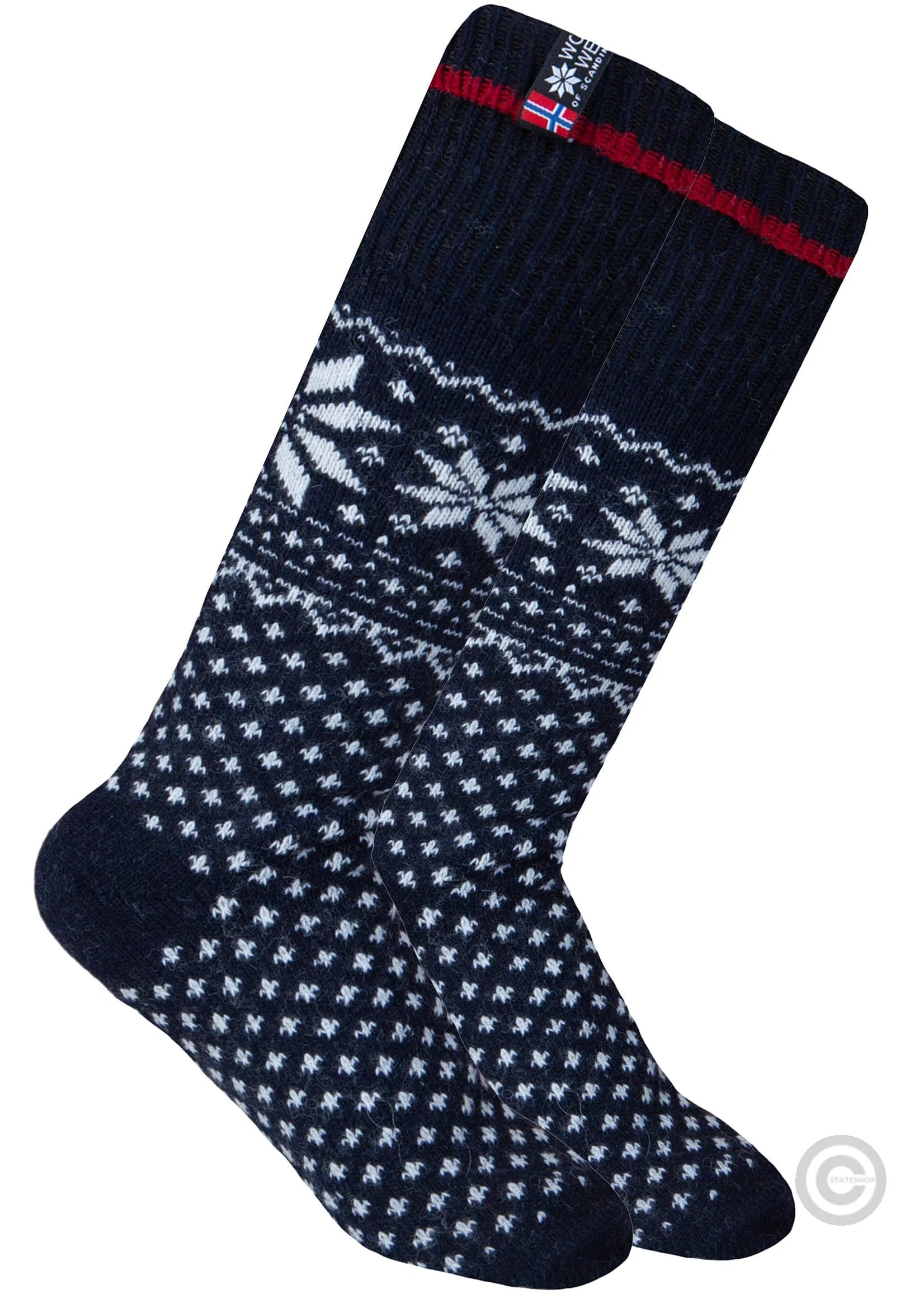 Norfinde Long wool socks with a Norwegian design, dark blue