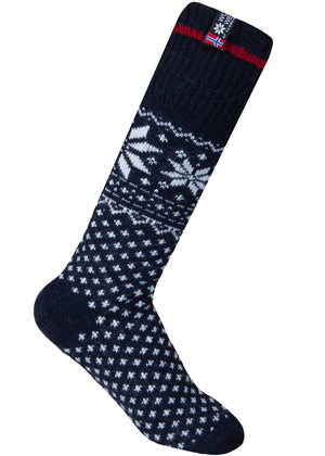 Norfinde Long wool socks with a Norwegian design, dark blue