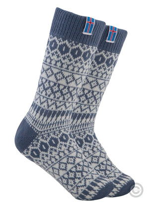 Norfinde Norwegian wool socks with a small woven Åland flag, grey/blue