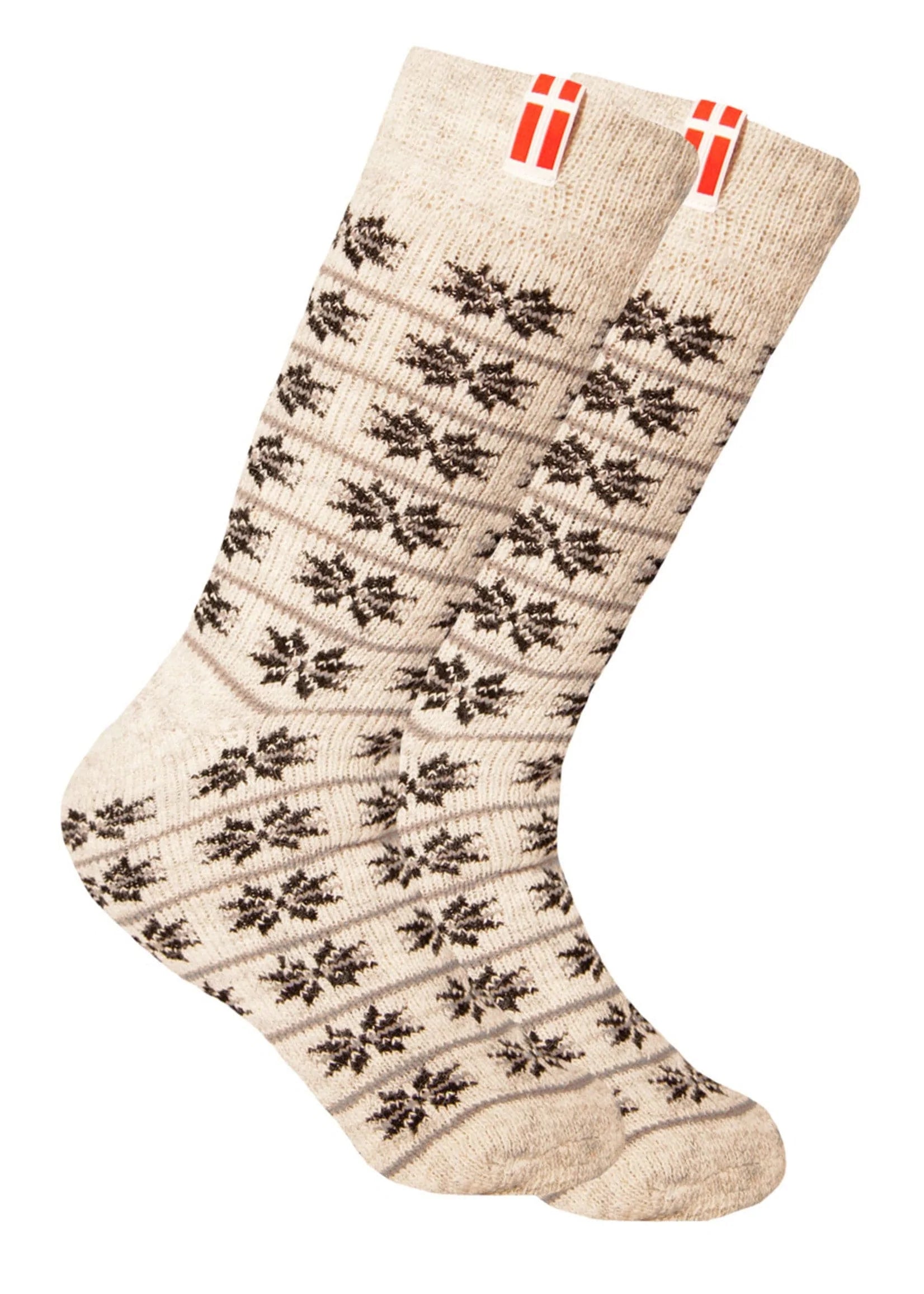 Norfinde Norwegian wool socks with a small woven Danish flag, nature / navy