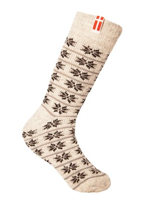 Norfinde Norwegian wool socks with a small woven Danish flag, nature / navy
