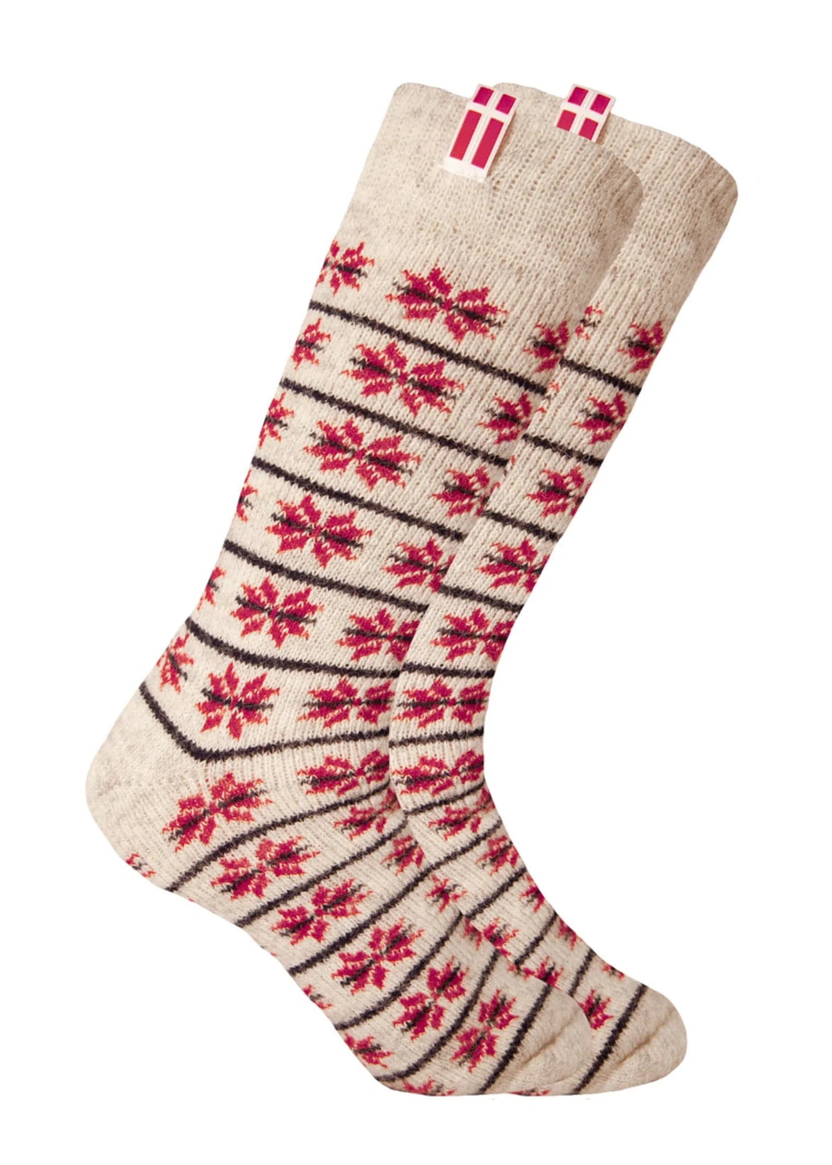 Norfinde Norwegian wool socks with a small woven Danish flag, nature / red