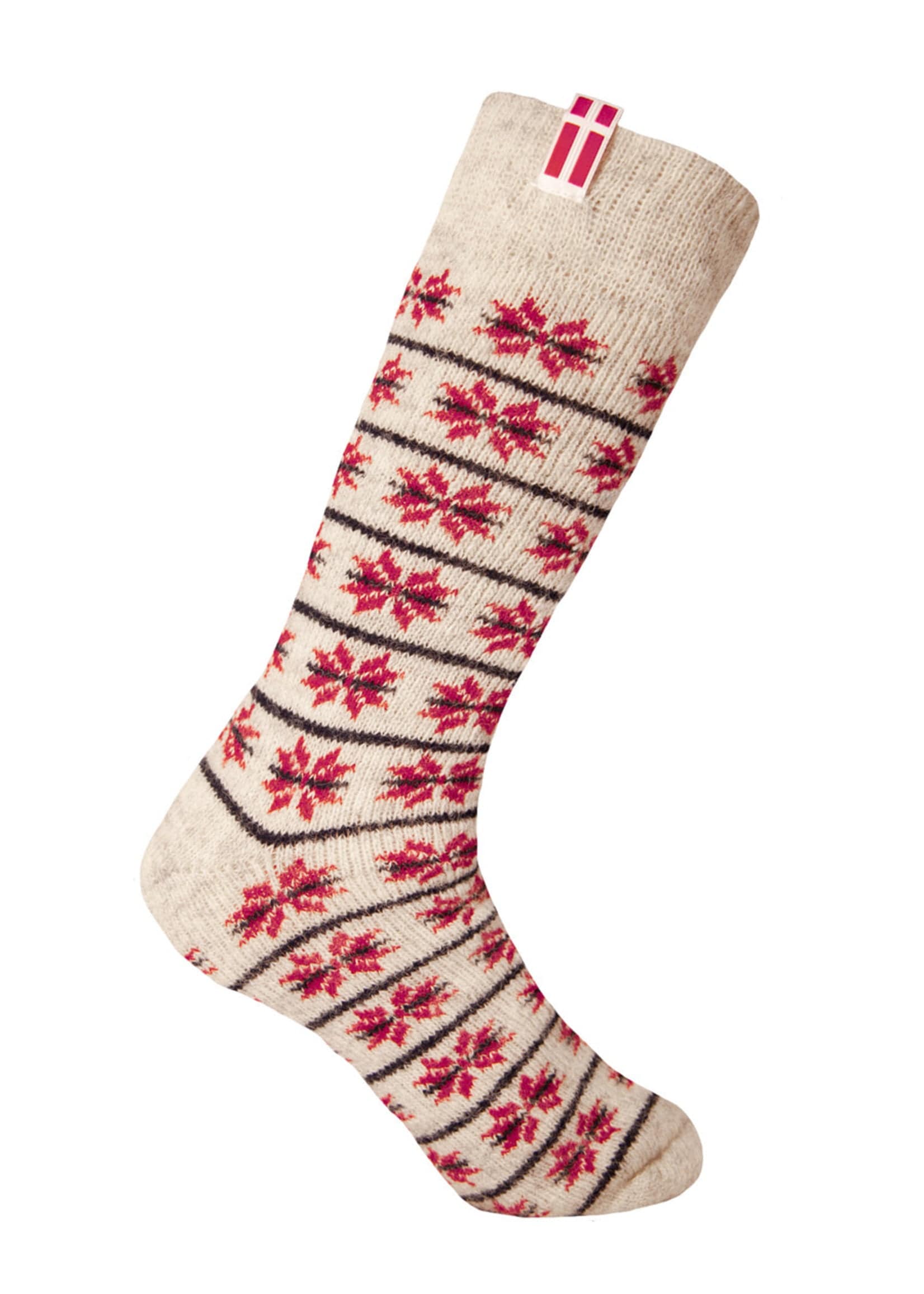 Norfinde Norwegian wool socks with a small woven Danish flag, nature / red