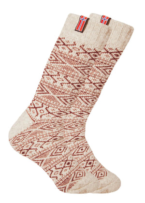 Norfinde Norwegian wool socks with a small woven Norwegian flag, nature / red