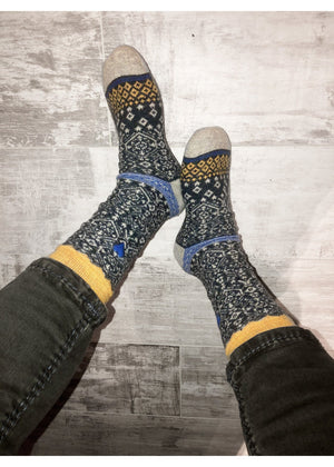 Norfinde Norwegian wool socks with a small woven Swedish flag, dark gray