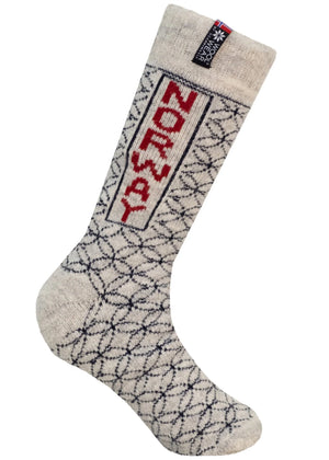 Norfinde Norwegian wool socks with "Norway" logo, nature/navy