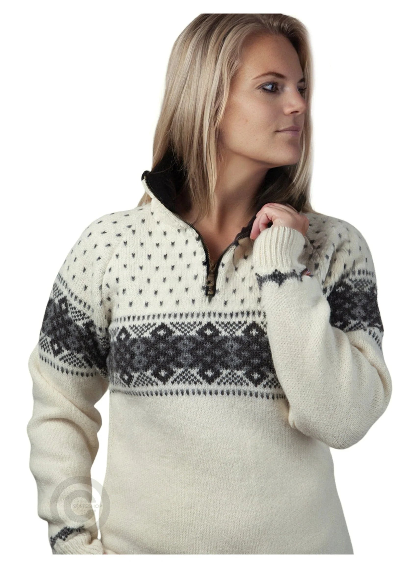 NorfindeWomens Jumper with zip of 100% pure norwegian wool, off-white