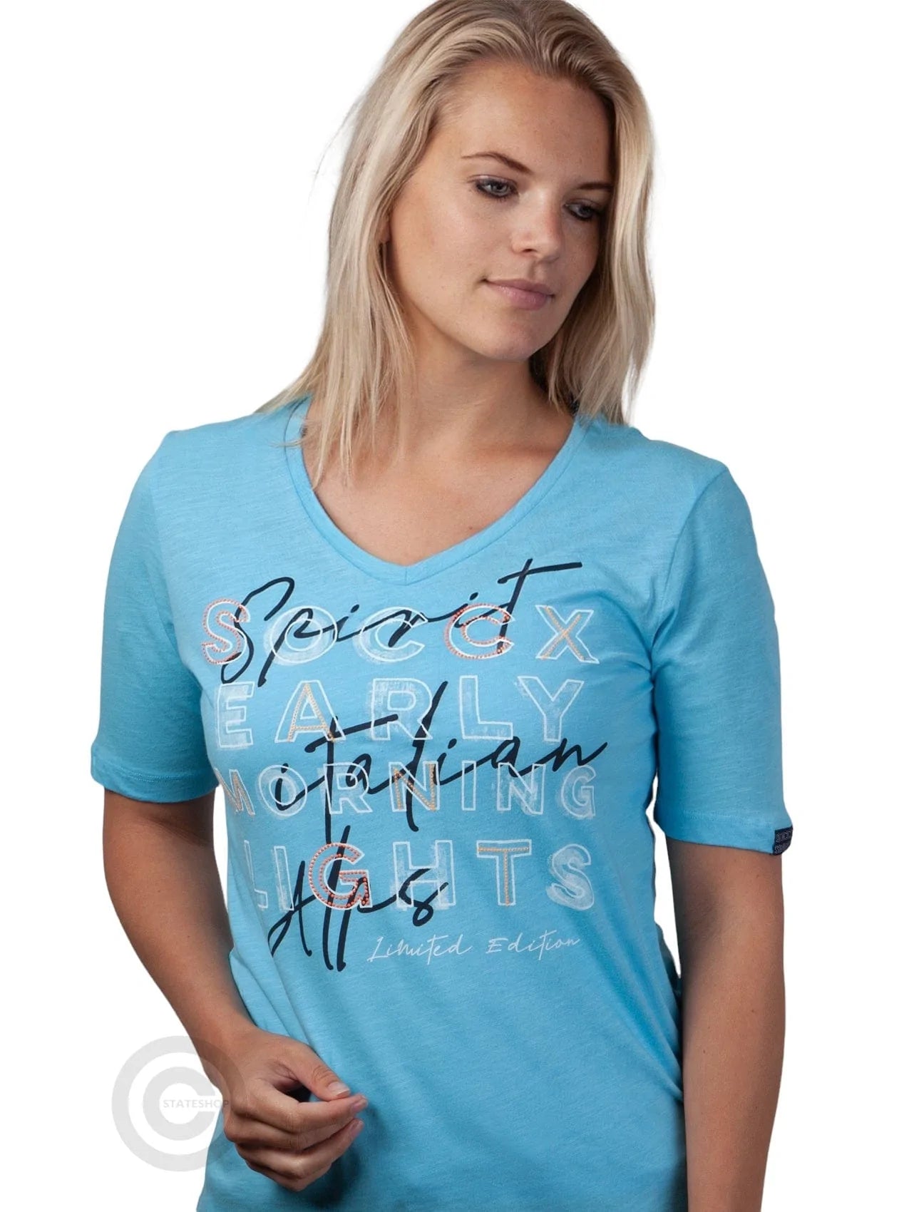 T-Shirt - Logografik und V-Ausschnitt, Blau mit Stateshop Soccx ® Fashion